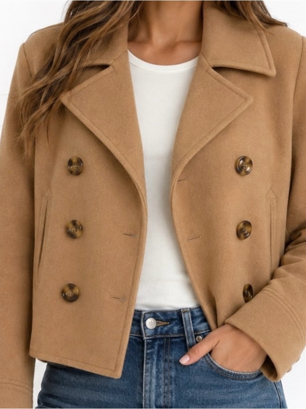 Via Double-Breasted Cropped coat jacket wool blend woman’s large - Camel caramel